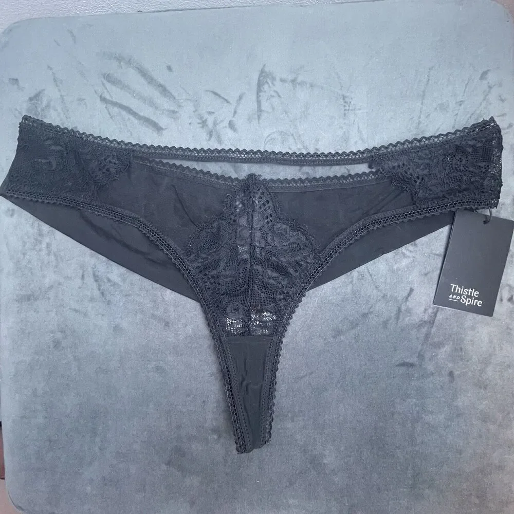 Thistle and Spire Eyelash Mirage Thong Womens XL Black Lace Sheer‎